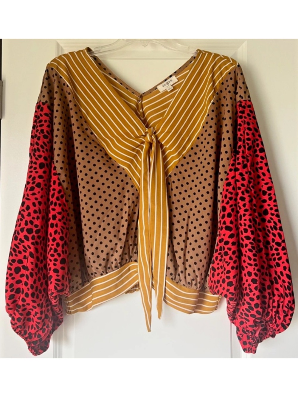 Umgee Blouse Top Size Small Mixed Print Polka Dots Stripes Animal Print
